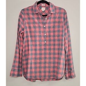 J Crew Shirt Women Small Boy Fit Blue Pink 100% Cotton Collar Long Sleeve Henley
